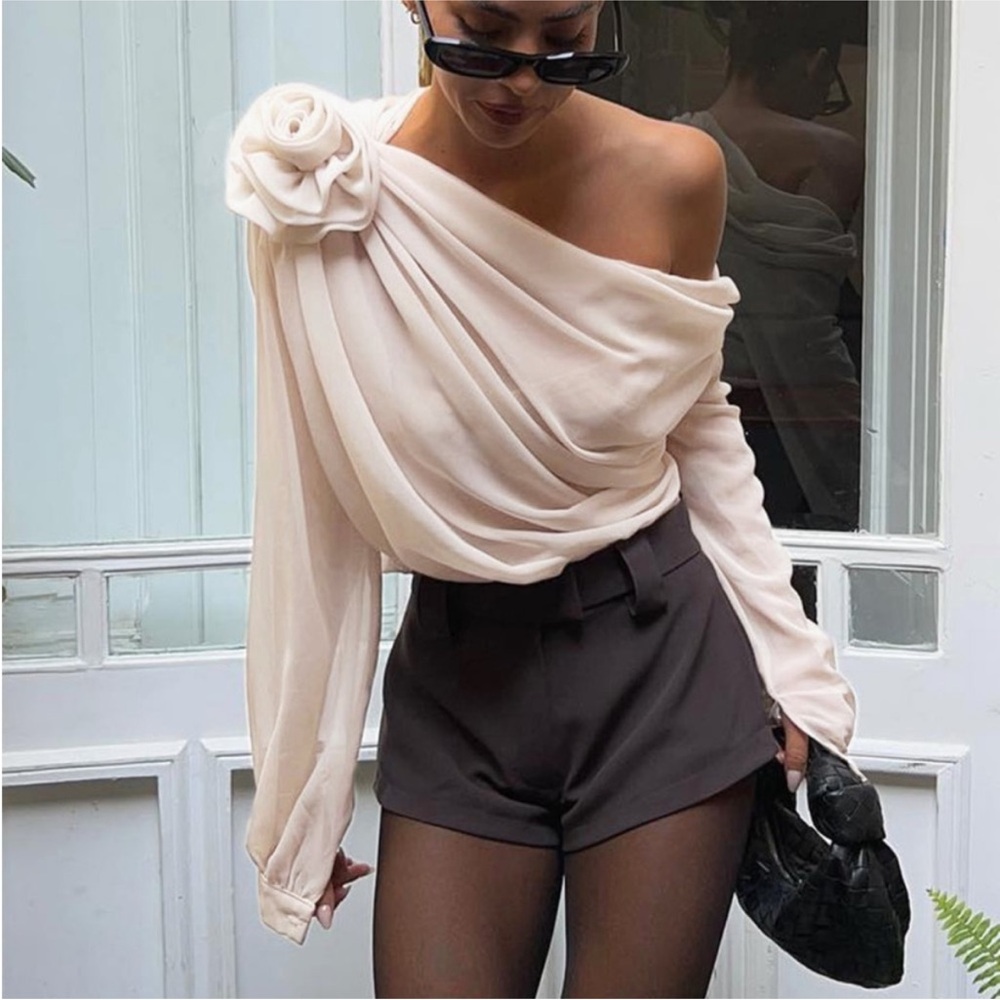 Cream Mesh Chiffon Semi-sheer One Shoulder Asymmetrical Rosette blouse 3D flower - Picture 1 of 4